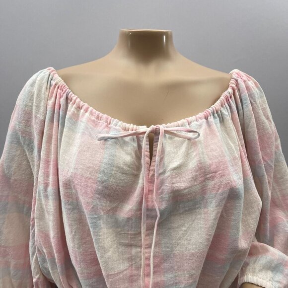 FORE‎ Pink White Plaid Off-Shoulder Tunic Blouse Cropped Womens S - Picture 2 of 10